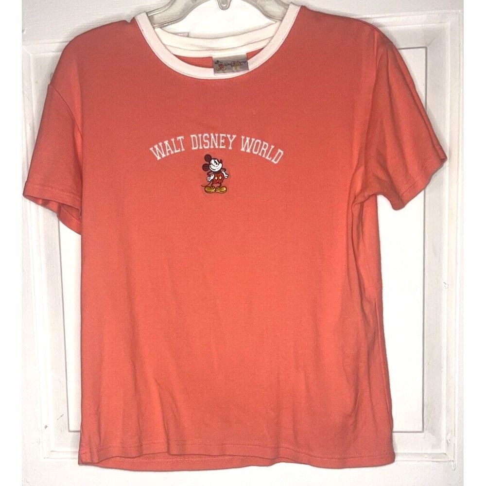 Vintage Walt Disney World Womens Sz L Embroidered Mickey Mouse Pink T-Shirt Y2K